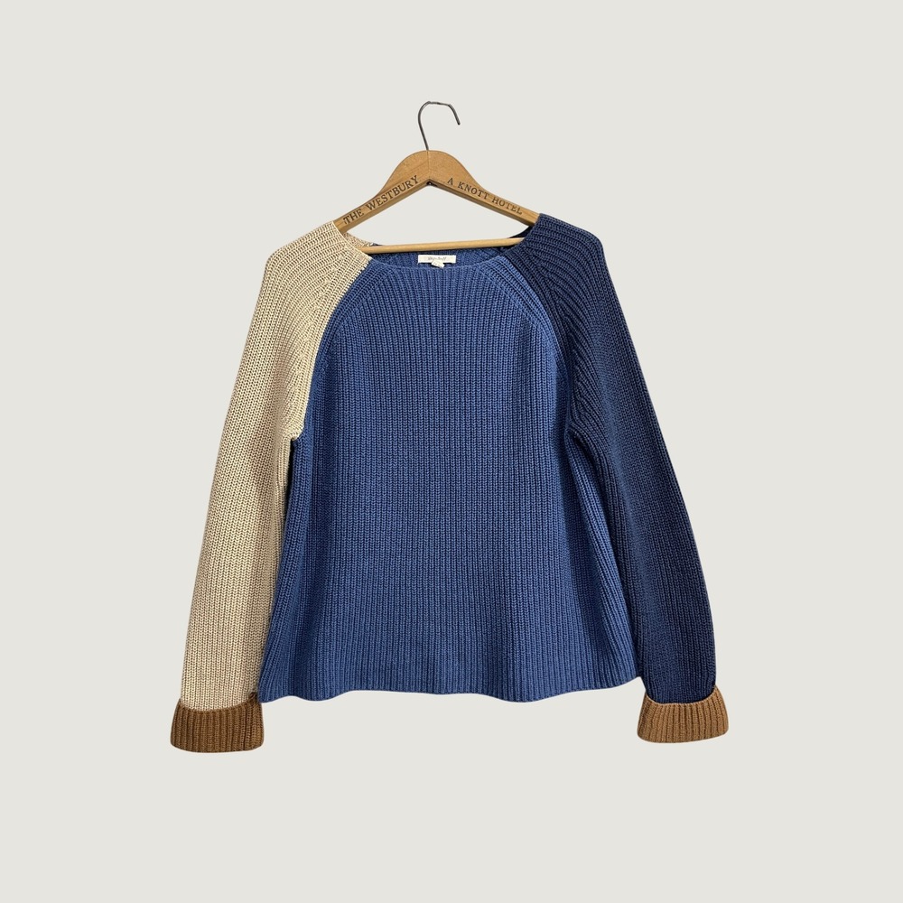 White Stuff Blue Colorblock Organic Cotton Rib Knit Raglan Sweater UK 14 EU 42